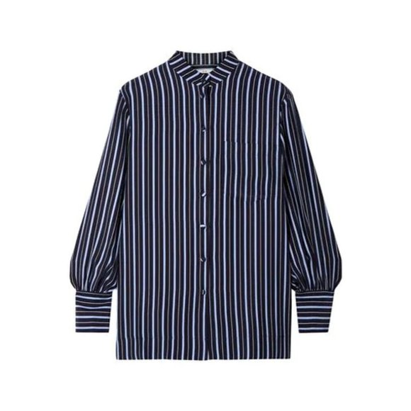 CO Striped Silk Crepe De Chine Shirt Sz XL Blue Button Front Band Collar Blouse - Picture 3 of 12